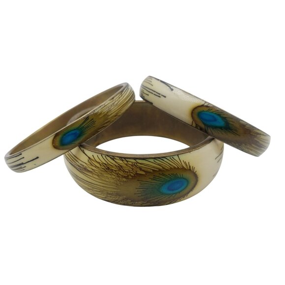 Hand Painted Peacock Bangle Bracelets Brass Enamel Set Of 3 Vintage - Picture 1 of 4